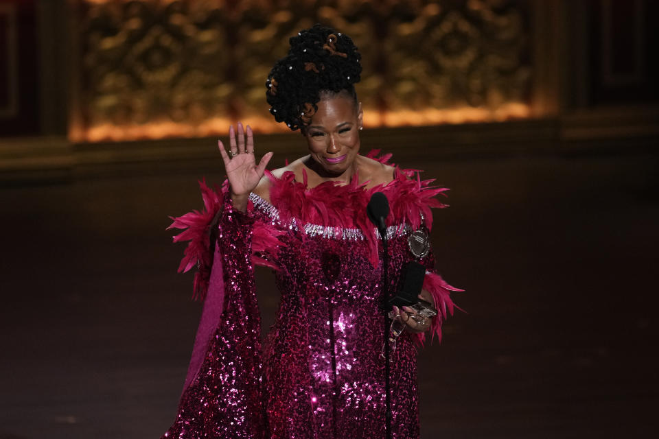 Kecia Lewis accepts the award for best performance by an actress in a featured role in a musical for "Hell's Kitchen" during the 77th Tony Awards on Sunday, June 16, 2024, in New York. (Photo by Charles Sykes/Invision/AP)