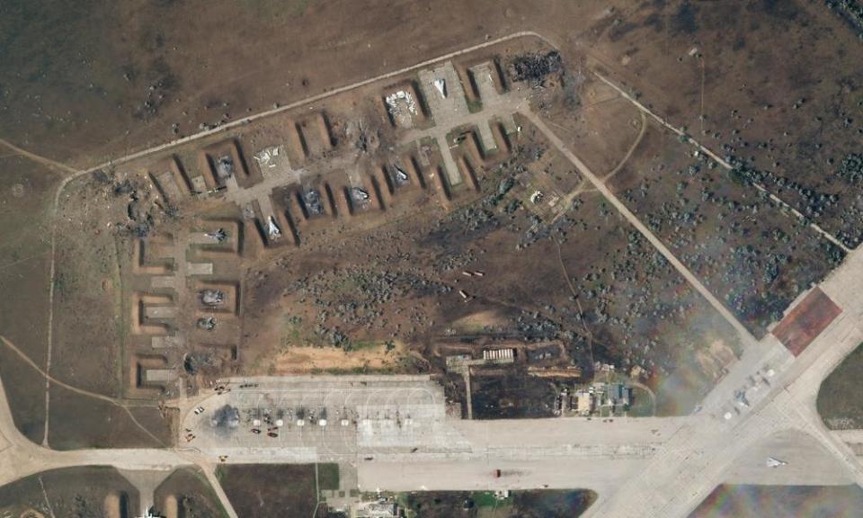 A satellite image shows destroyed Saky airbase in Crimea, August 10, 2022.