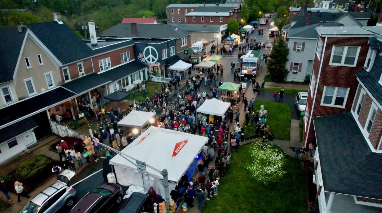 An aerial view of West Walnut Street in Perkasie during the last PorchFest, held April 29, 2023.