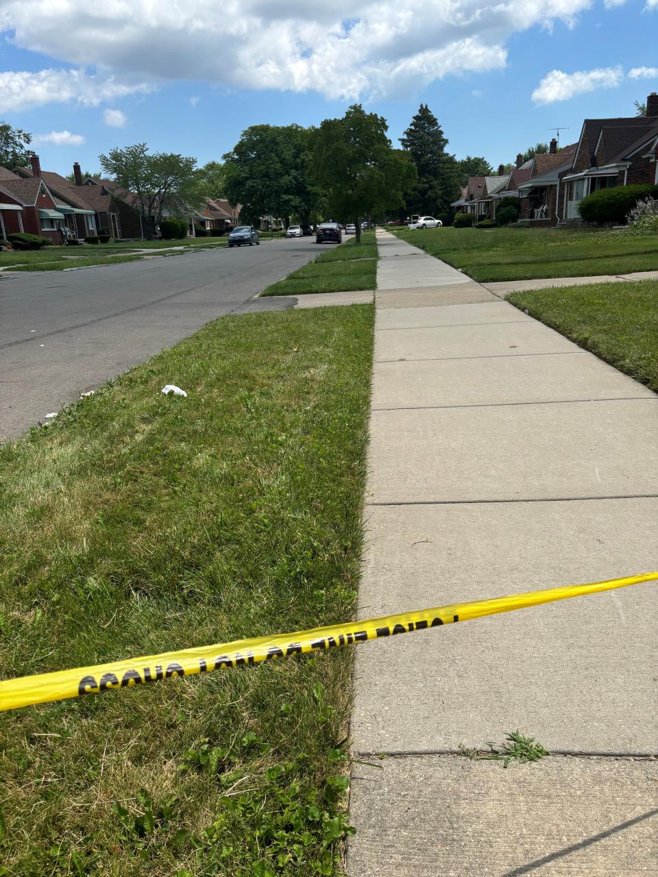 Police block off a portion of Rossini Drive in Detroit after a shooting Sunday, July 7, 2024.