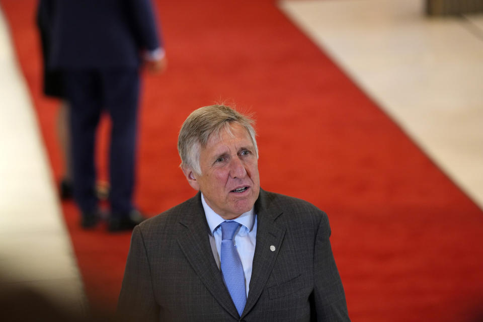 Luxembourg's Defense Minister Francois Bausch arrives for a meeting of EU Defense Ministers at the Prague Congress Center in Prague, Czech Republic, Tuesday, Aug. 30, 2022. (AP Photo/Petr David Josek)