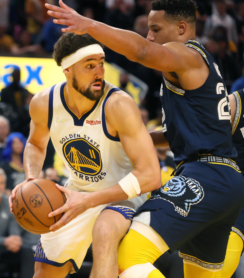 Memphis Grizzlies guard Desmond Bane defends Golden State Warriors guard Klay Thompson during game four of the second round for the 2022 NBA playoffs at Chase Center on Monday, May 9, 2022. 