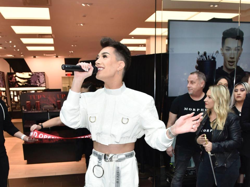 James Charles sings at a Morphe store grand opening on December 1, 2018.