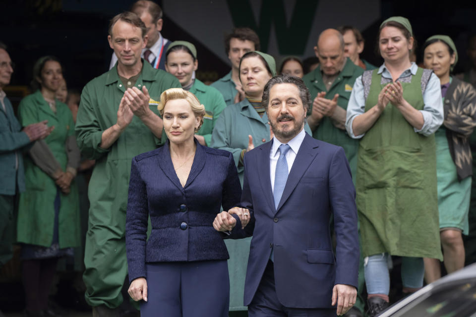 This image released by HBO shows Kate Winslet, left, and Guillaume Gallienne in a scene from "The Regime." (HBO via AP)