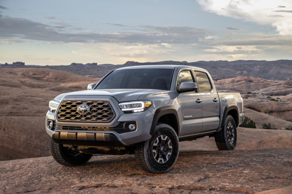 This photo provided by Toyota shows the 2020 Toyota Tacoma. Tacomas have such strong resale value that it's worth taking a hard look at buying a new model. (Courtesy of Toyota Motor Sales U.S.A. via AP)