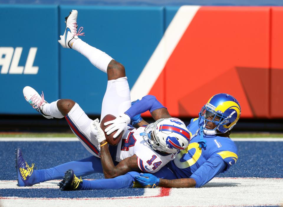 Bills receiver Stefan Diggs catches a four-yard touchdown pass in front of Rams cornerback Jalen Ramsey in the 2020 game in Buffalo.