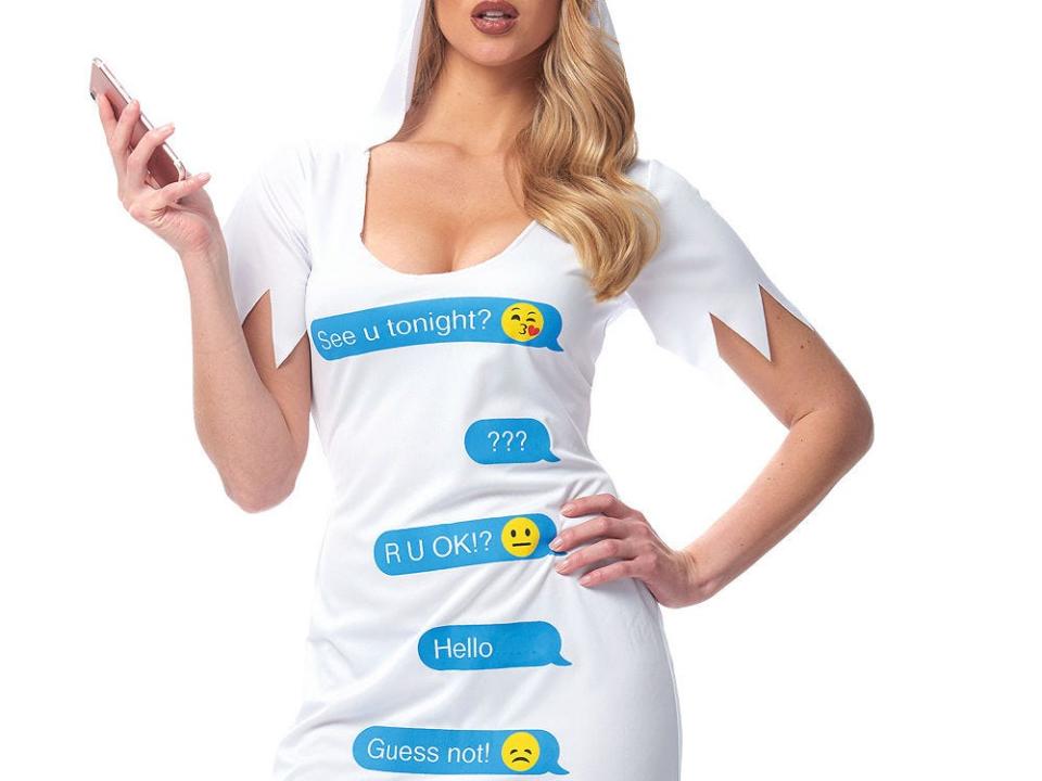 ghosted halloween costume with text messages on the white dress