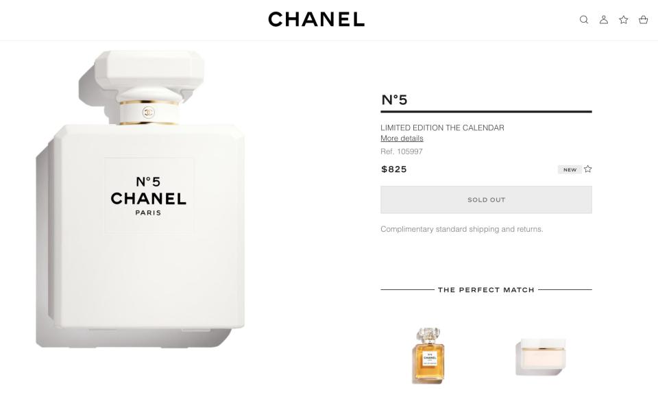 A screenshot of the sold-out Chanel advent calendar on the brand's website.