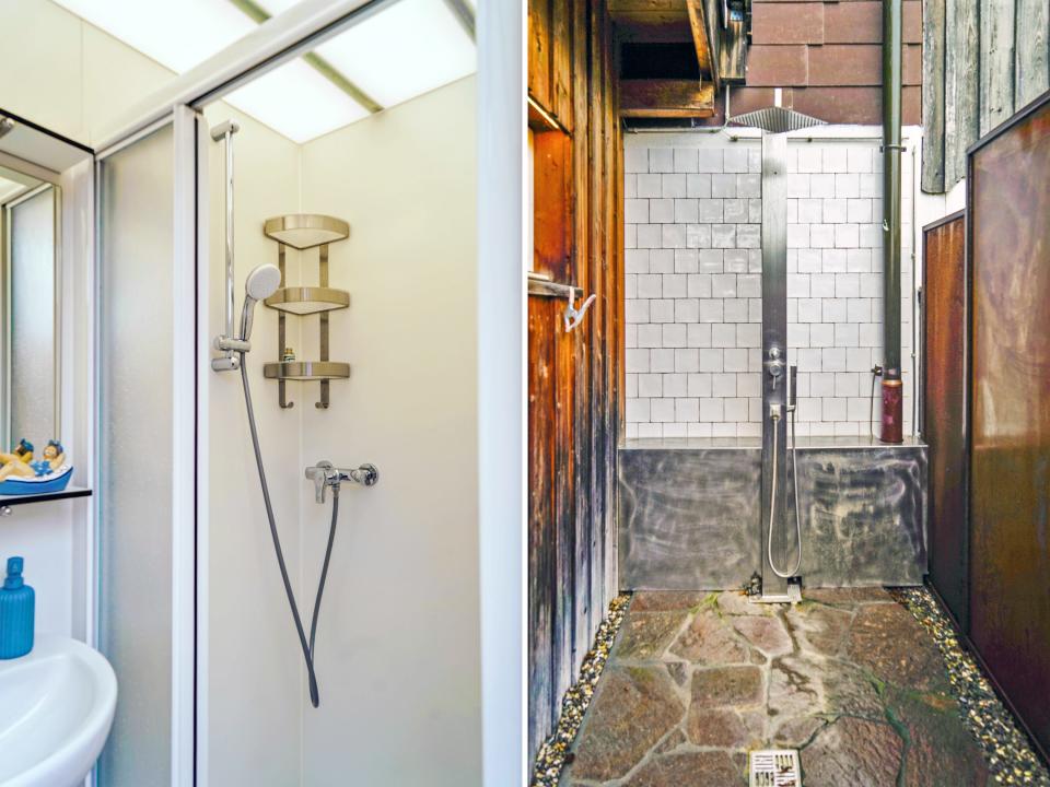 The indoor (L) and outdoor (R) shower at the Airbnb.