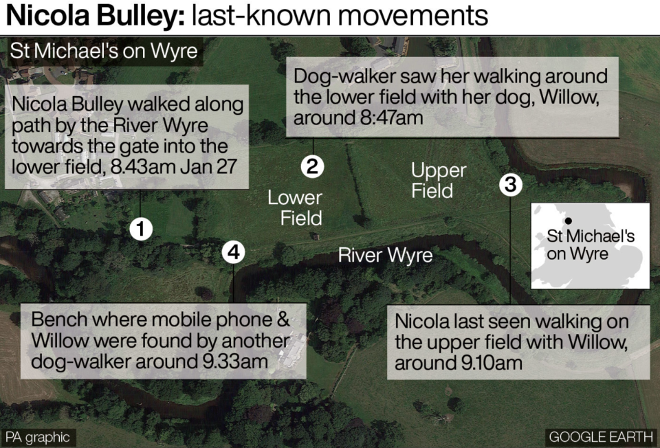 The last-known movements of Nicola Bulley. (PA)