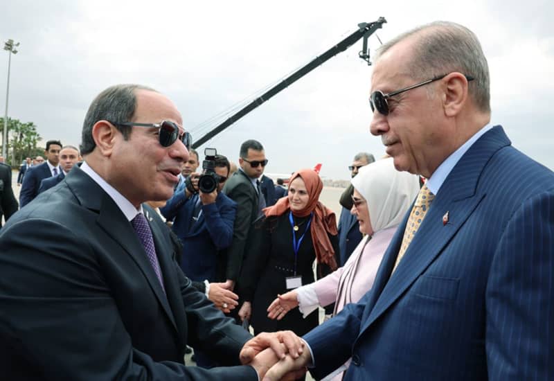 President of Egypt Abdel Fattah al-Sisi welcomes Presdient of Turkey Recep Tayyip Erdogan upon his arrival to Cairo. Erdogan arrived in Cairo on 14 February for talks with al-Sisi in a landmark visit that comes after around a decade of diplomatic strain between the two countries. -/Presidency of the Republic of Turkey/dpa