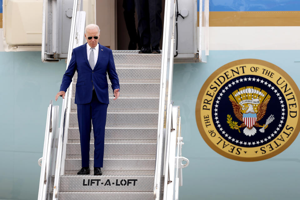 U.S. President Joe Biden arrives at the Noi Bai International Airport in Hanoi, Vietnam, Sunday, Sept. 10, 2023. (AP Photo/Minh Hoàng, Pool)