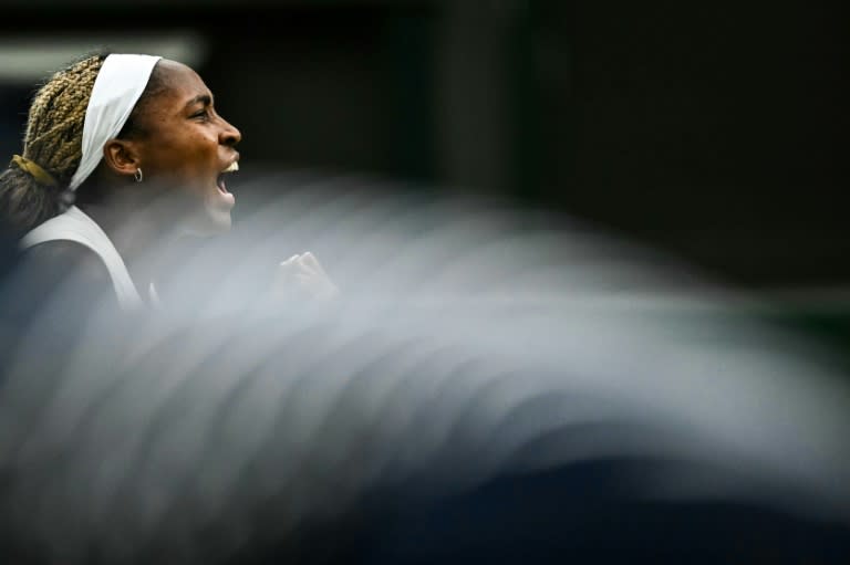 Coco Gauff celebrates winning the first set against Sonay Kartal in their Wimbledon third-round match (Ben Stansall)