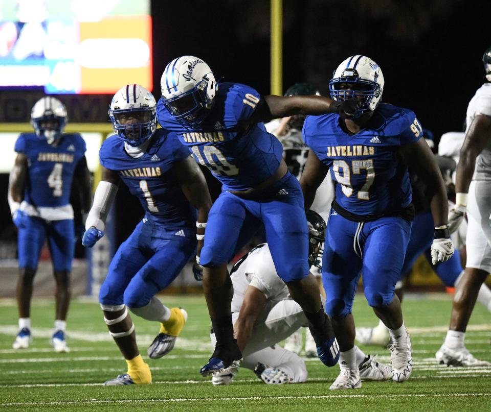 Texas A&M-Kingsville's Gio Williams celebrates against Eastern New Mexico in a college football game at Javelina Stadium in Kingsville, Texas on Saturday, Sept. 24, 2022.