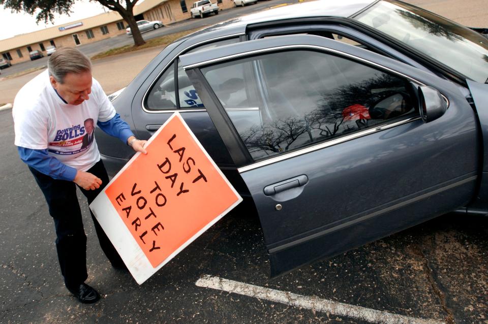 Downing Bolls removes a sign from his car before doing a little campaigning on South 14th St. across from his former employer, KRBC-TV, in this Feb. 26, 2010 file photo,. Bolls, who was running for county judge after retiring as the station's longtime anchorman, waved to passing cars to remind voters to cast their ballot.