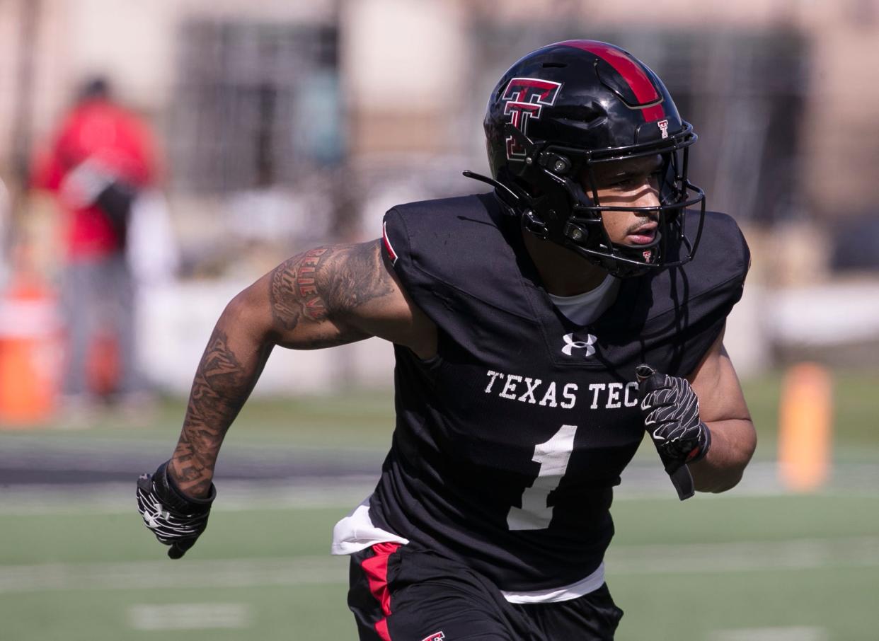 Texas Tech safety A.J. McCarty (1) goes through a drill last week during the Red Raiders' spring practice. McCarty transferred to Tech in the summer of 2023 after three years at Baylor.