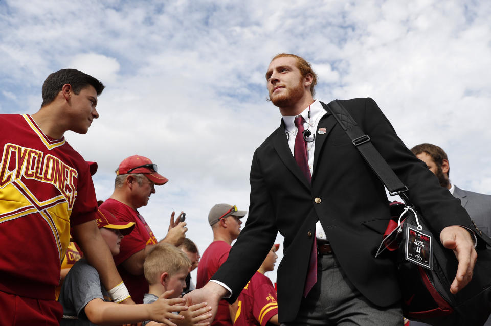 Iowa State tight end Chase Allen high fives fans as the team arrives to play South Dakota State in an NCAA college football game, Saturday, Sept. 1, 2018, in Ames, Iowa. (AP Photo/Matthew Putney)