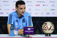 Argentina's head coach Lionel Scaloni attends a press conference ahead of the final soccer match between Argentina and France in Doha, Qatar, Saturday, Dec. 17, 2022. (AP Photo/Natacha Pisarenko)