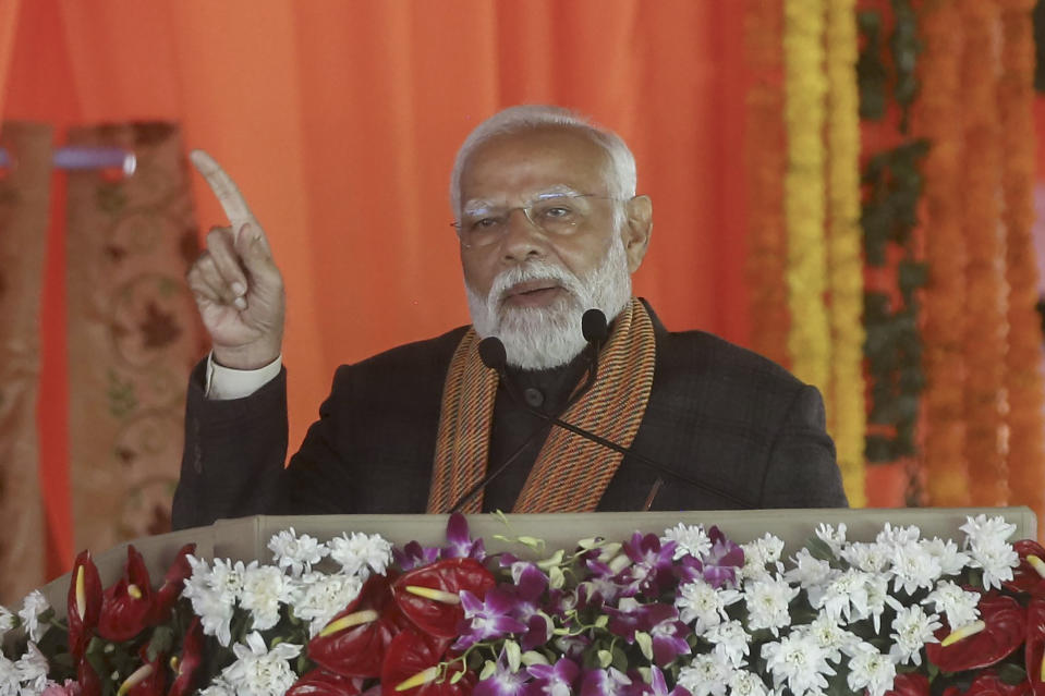 Indian Prime Minister Narendra Modi addresses a public rally at the Bakshi Stadium in Srinagar, Indian controlled Kashmir, Thursday, March 7, 2024. Modi on Thursday made his first official visit to Kashmir's main city since New Delhi stripped the disputed region of semi-autonomy and took direct control of it in 2019. (AP Photo)