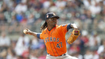 Houston Astros relief pitcher Rafael Montero throws against the Atlanta Braves in the eighth inning of a baseball game against the Atlanta Braves, Sunday, Aug. 21, 2022, in Atlanta. (AP Photo/Hakim Wright Sr.)