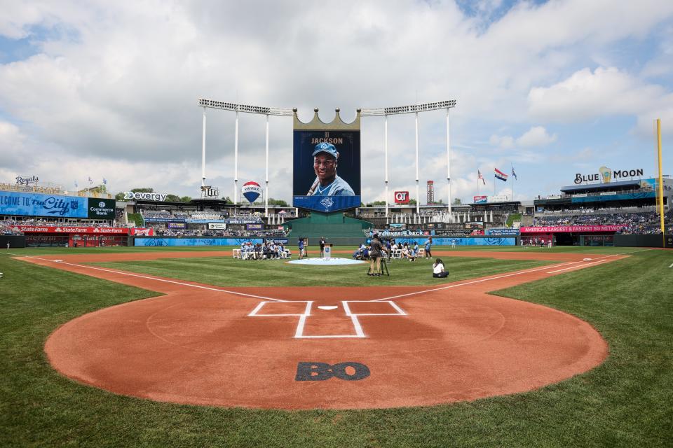 Kauffman Stadium during the Bo Jackson Royals Hall of Fame induction prior to the game against the Guardians at Kauffman Stadium, June 28, 2023, in Kansas City, Missouri.