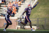 Clemson cornerback Mario Goodrich (31) celebrates after making an interception during the first half of an NCAA college football game against Pittsburgh Saturday, Nov. 28, 2020, in Clemson, S.C. (Ken Ruinard/The Independent-Mail via AP, Pool)