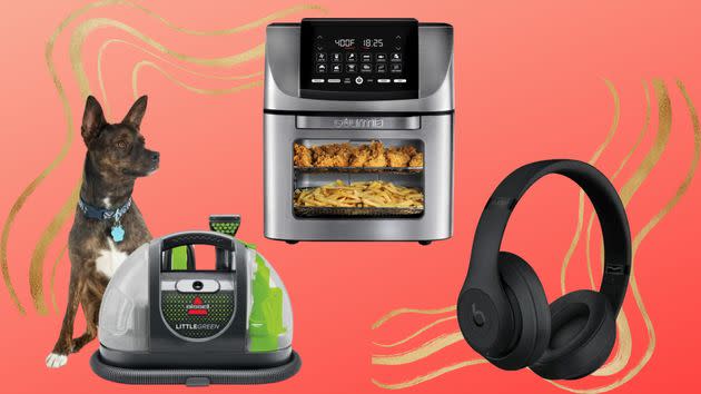 A Bissell Little Green carpet cleaner, a Gourmia All-In-One 14-quart air fryer and a pair of Beats Studio3 wireless noise-cancelling headphones.