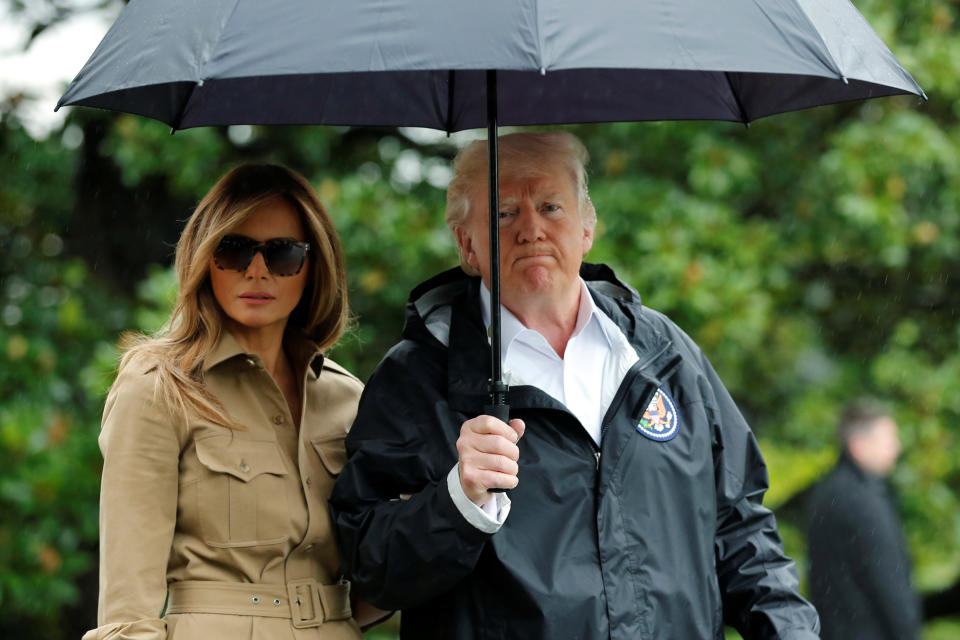 <p>President Donald Trump and first lady Melania Trump depart the White House in Washington on their way to view storm damage in Texas, Sept. 2, 2017. (Photo: Yuri Gripas/Reuters) </p>