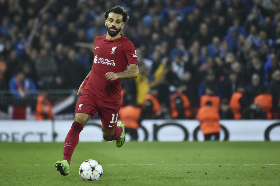 Liverpool's Mohamed Salah controls the ball during the Champions League Group A soccer match between Liverpool and Rangers at Anfield stadium in Liverpool, England, Tuesday Oct. 4, 2022. (AP Photo/Rui Vieira)