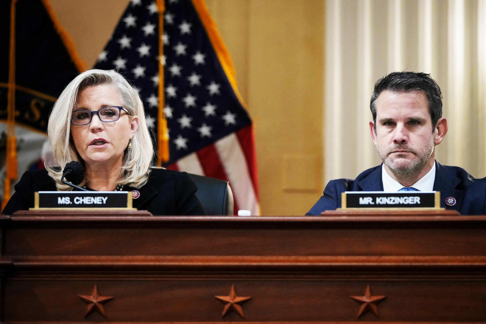 Reps. Liz Cheney, R-Wyo., and Adam Kinzinger, R-Ill., listen during a select committee investigating the attack on the Capitol on Dec. 1, 2021. (Drew Angerer / AFP via Getty Images file)