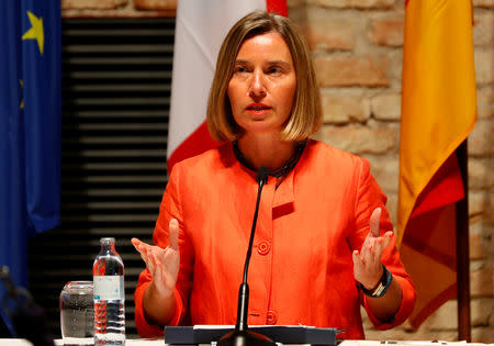 FILE PHOTO: European Union foreign policy chief Federica Mogherini speaks after a meeting in Vienna, Austria, July 6, 2018. REUTERS/Leonhard Foeger/File Photo