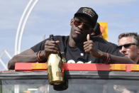 Toronto Raptors forward Pascal Siakam, of Cameroon, celebrates during the NBA basketball championship team's victory parade in Toronto, Monday, June 17, 2019. (Photo by Frank Gunn/The Canadian Press via AP)