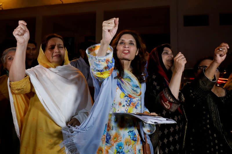 FILE PHOTO: Supporters of former Pakistani Prime Minister Imran Khan chant slogans as they protest after he lost a confidence vote in the lower house of parliament, in Islamabad