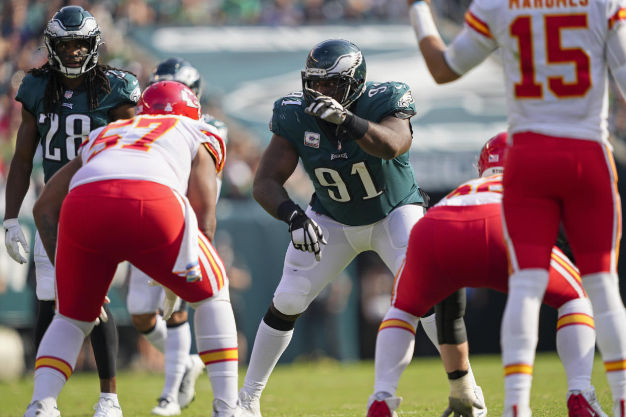 Fletcher Cox (91) said the Eagles' defense will be focused on stopping the Chiefs' run game in addition to Patrick Mahomes and the passing game in the Super Bowl. (Photo by Andy Lewis/Icon Sportswire via Getty Images)