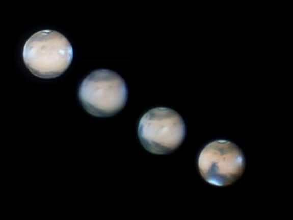 Astrophotographer Andrew Kwon sent in a composite image showing Mars on four different nights. He writes in an e-mail to Space.com: "These 4 were taken from March 27th to this morning April 6th. With opposition only coming every 26 months I am