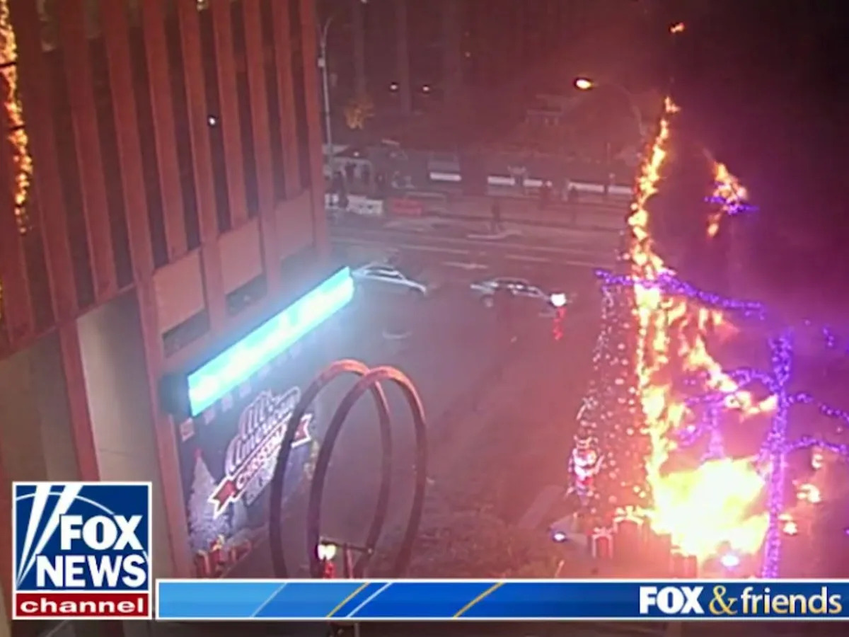 'Beyond tragic': Fox & Friends hosts say the Christmas tree fire outside their studio is proof of 'the crime surge in this country'