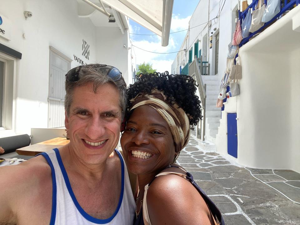 Longtime friends and Aug. 20 co-stars at Provincetown Town Hall, Seth Rudetsky and Rhonda "LaChanze" Sapp share a moment in Mykonos, Greece.