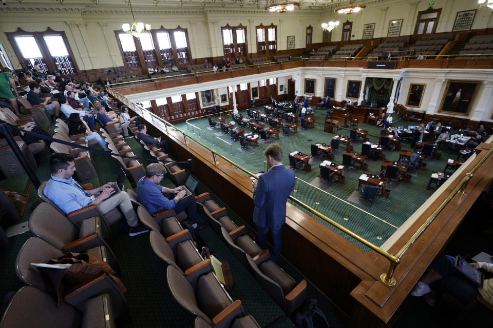 Ticketed members of the public an the media wait for the verdict in the impeachment trial for suspended Texas Attorney General Ken Paxton at the Texas Capitol, Saturday, Sept. 16, 2023, in Austin, Texas. (AP Photo/Eric Gay)