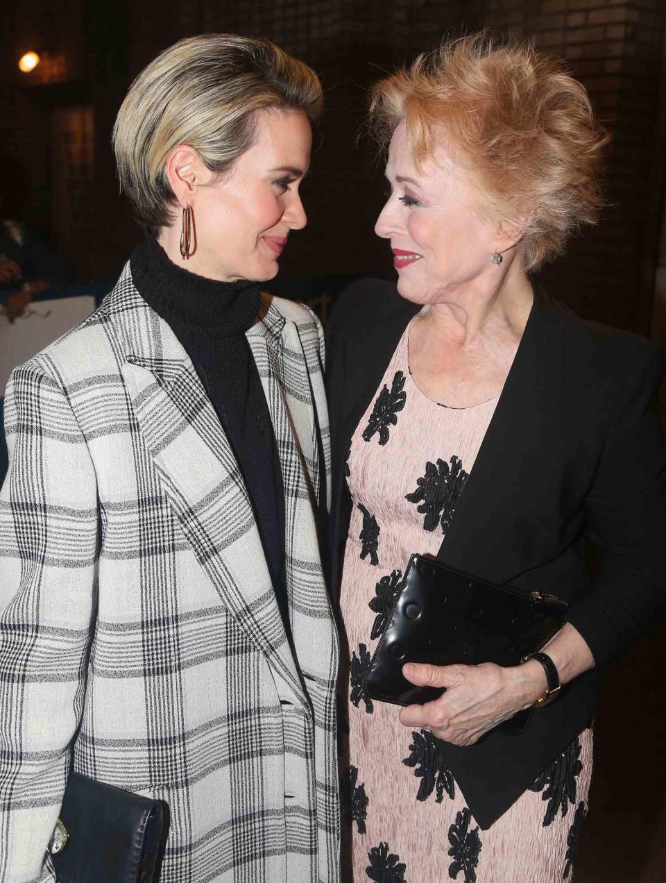 Sarah Paulson and girlfriend Holland Taylor pose at The Opening Night of "The Front Page" on Broadway at The Broadhurst Theatre on October 20, 2016 in New York City