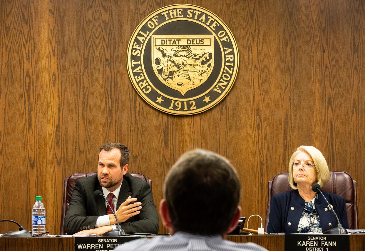 Sen. Warren Petersen and Senate President Karen Fann at a hearing on the progress of the election ballot review in Maricopa County at the Arizona Senate in Phoenix on July 15, 2021.