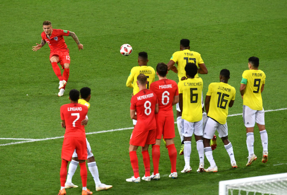 <p>Kieran Trippier of England takes a free kick during the 2018 FIFA World Cup Russia Round of 16 match between Colombia and England at Spartak Stadium on July 3, 2018 in Moscow, Russia. (Photo by Michael Regan – FIFA/FIFA via Getty Images) </p>