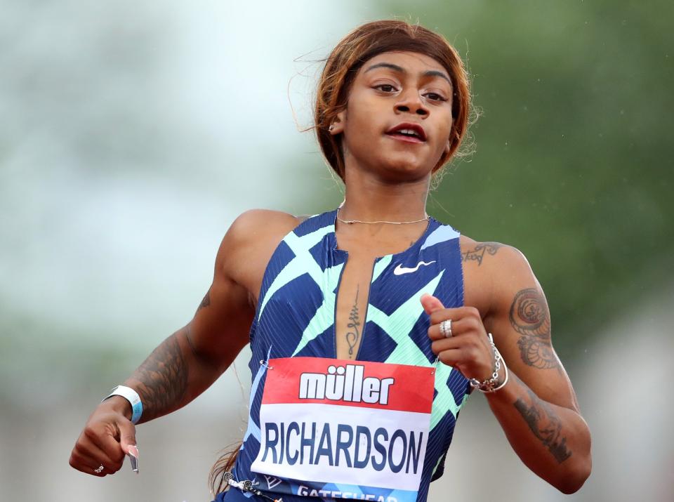 Sha'carri Richardson competes in the women's 100 during the Mueller Grand Prix Gateshead - 2021 Diamond League meet on May 23, 2021.