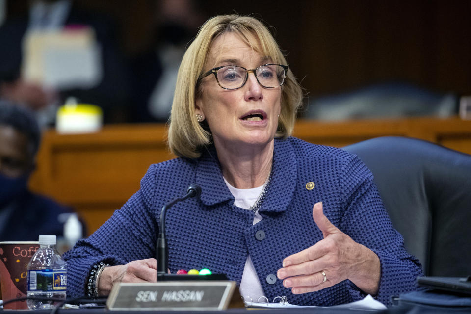 FILE - Sen. Maggie Hassan, D-N.H., speaks during a Senate Health, Education, Labor, and Pensions Committee hearing on Capitol Hill in Washington, Sept. 30, 2021. Hassan is seeking a second term in 2022. (Shawn Thew/Pool via AP, File)
