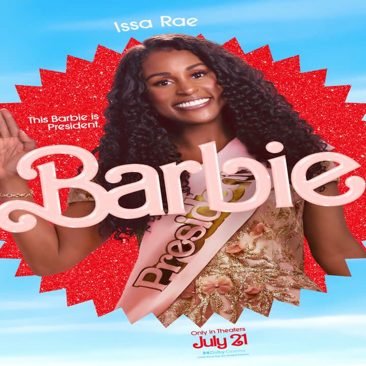 We haven't seen Issa as President Barbie in this exact dress in a trailer yet, but you can see it featured on the poster.