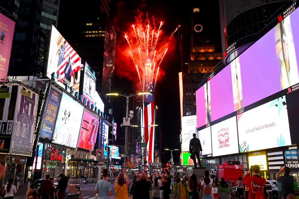 A view of fireworks over Times Square on July 01, 2020 in New York City. This is the third of six July 4th firework displays in locations around the city that are kept secret in an attempt to minimize crowds gathering in the midst of the coronavirus pandemic.