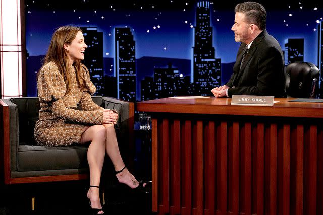 <p>Disney/Randy Holmes</p> Riley Keough and Jimmy Kimmel on <em>Jimmy Kimmel Live!</em> April 15, 2024