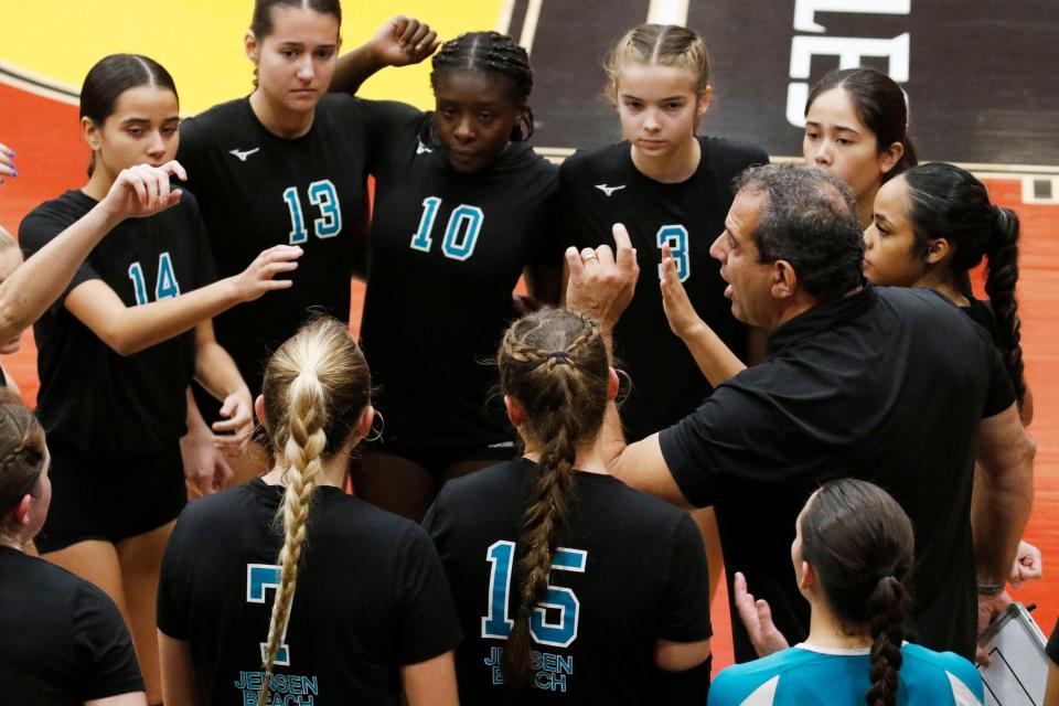 Jensen Beach coach Mike Sawtelle trys to direct a comeback after losing the second game. Barron Collier vs Jensen Beach HS (Miami). FHSAA Volleyball Semi Finals at Polk State College in Winter Haven Fl. November 8th 2023 Photo by Calvin Knight
