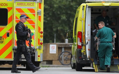 Armed police outside St Thomas's hospital in Westminster after a car crashed into a security barrier in Parliament Square - Credit: Rob Pinney/LNP 