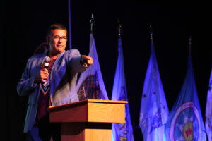  Mark Fox, chair of the MHA Nation, delivers an address during a conference between state and tribal leaders on June 26, 2024. (Mary Steurer/North Dakota Monitor)