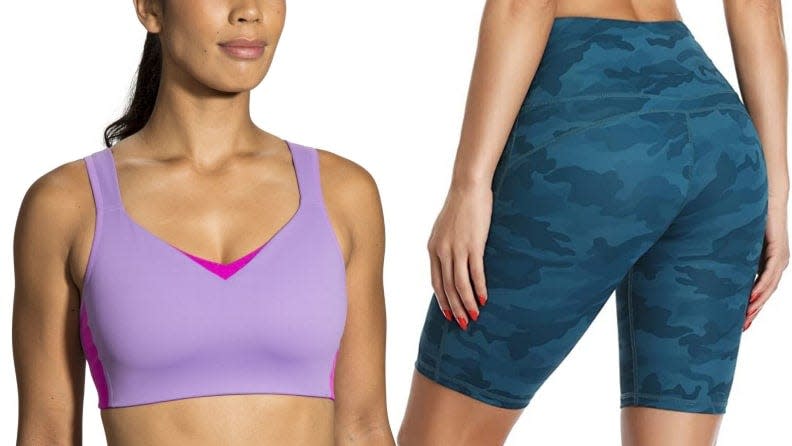 Look to Brooks for great sports bras, and Oalka for compression shorts.